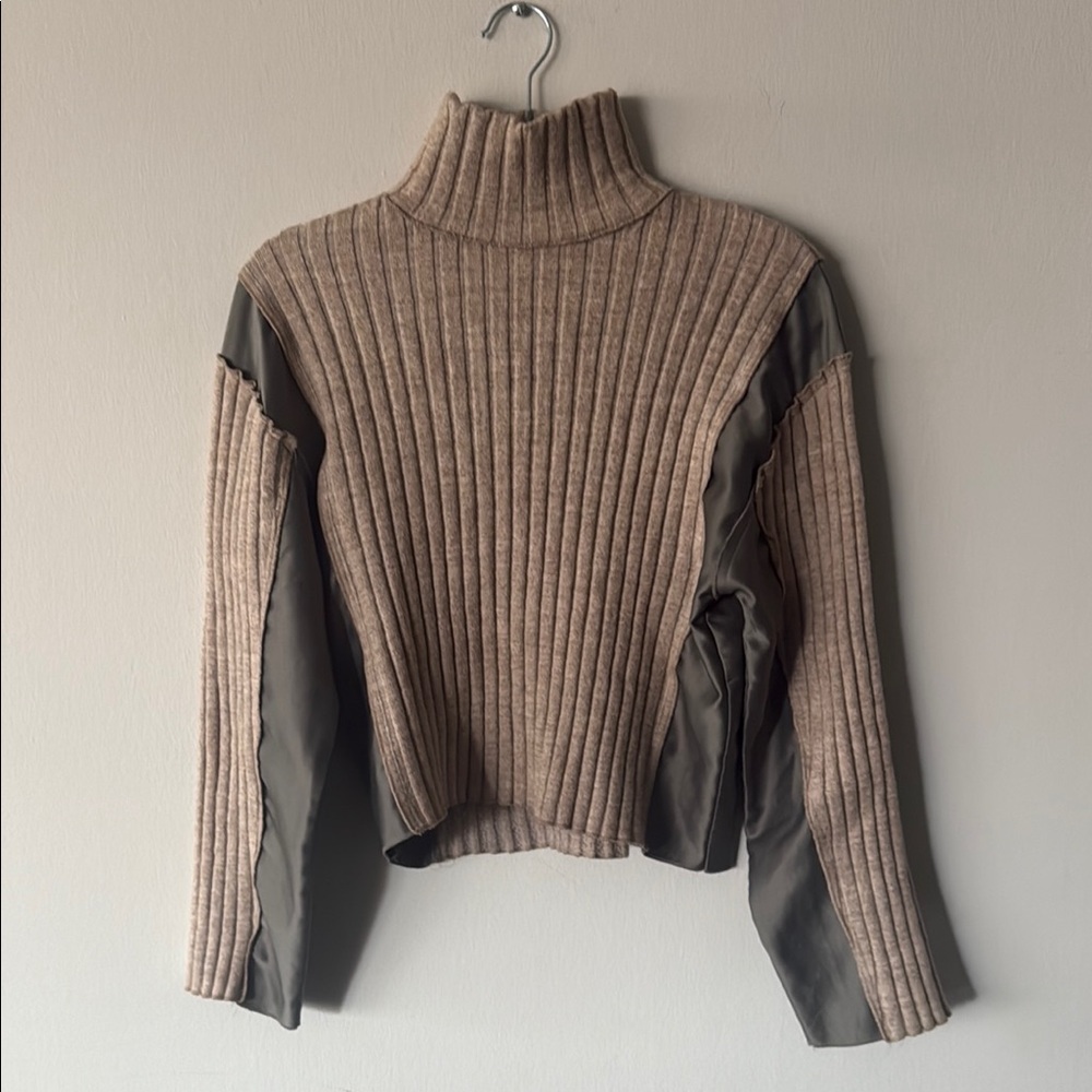 Zara Tan and Gray Turtleneck Sweater with Ribbed Texture